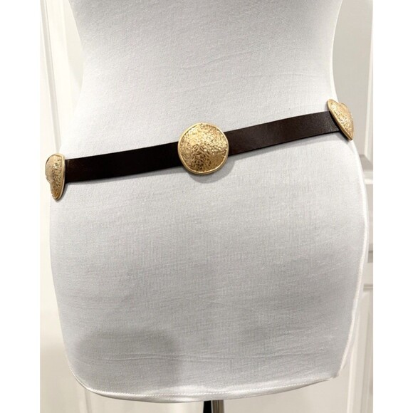 ZARA 100% Leather Brown Gold Heart Medallion Harness Belt Women EU 85 US 32 Boho